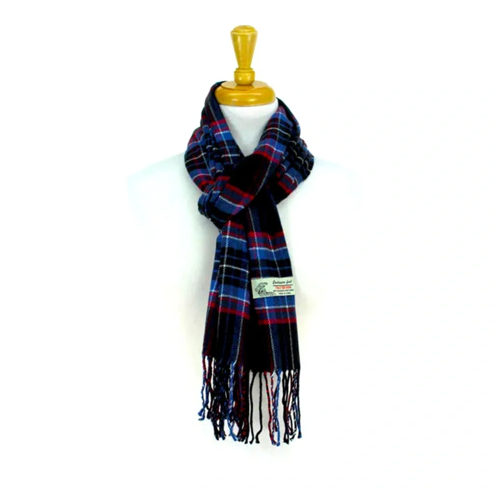 Blue/Black/Fushia Plaid Cashmere feel Scarf with 3” Fringe. NWT. 72”by 12”.